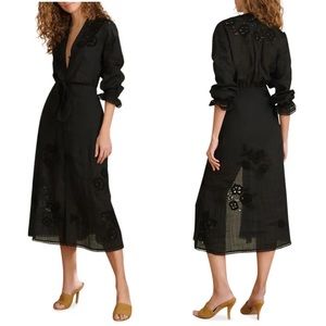 Veronica Beard Trina Embroidered Midi Dress Black Long Sleeve Ramie Size 8